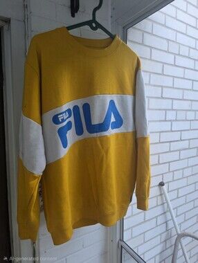 VINTAGE FILA Men's Mustard Yellow Crewneck with Blue Logo Size Large